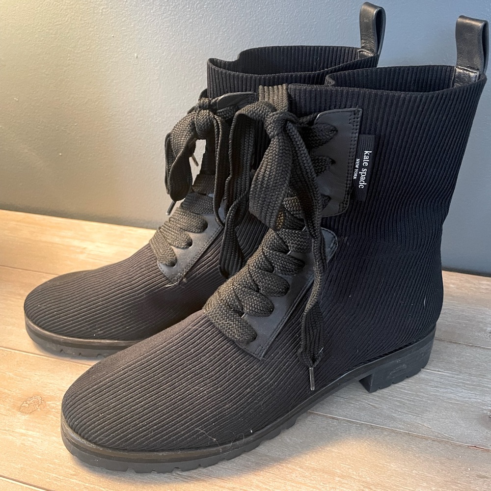 Kate Spade Black Knit Lace Up Boots Sz 9